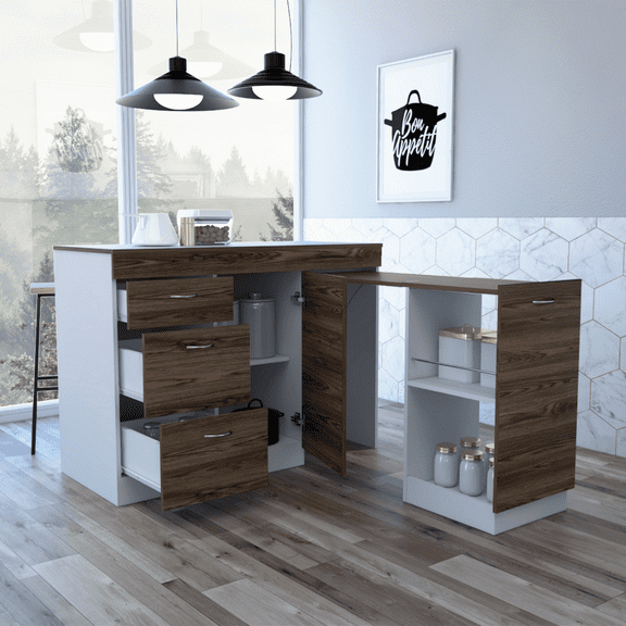 Modern Kitchen Base Cabinet, Three Drawers, Two Internal Shelves, White / Dark Walnut