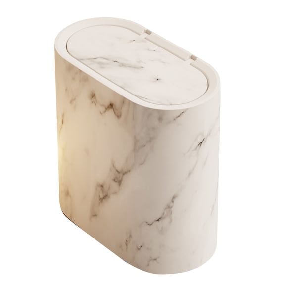 Modern Kitchen Bathroom Can with Lid 3.7 Gal Marble Pattern Can Compact Office Garbage Can Space-saving Garbage Container Bin Slim Wastebasket Bin for Craft Room Office(White)