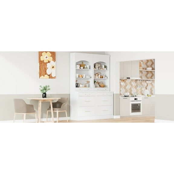 Modern Kitchen Cabinet, 83.7inch Tall, White With Faux Marble Countertop, 5 Drawers And Adjustable Shelf, 2 For Space Efficient Home High Cupboard, Marble-like Top, Function Decor Enhancement