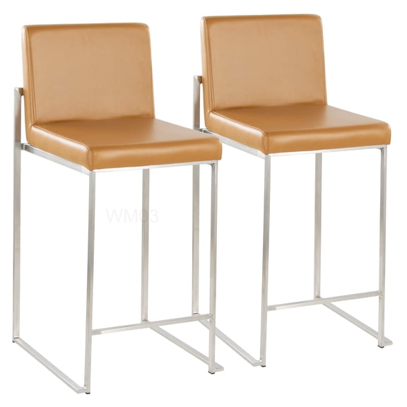 Modern Kitchen Counter Stools Set of 2, Camel Faux Leather Padded Seats and Backs