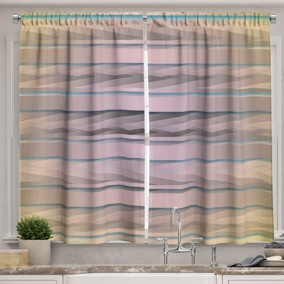 Modern Kitchen Curtains, Earth Toned Fractured Zig Zag Dimensions Horizontal Lines Flat Type Art Print, Two Panels Drapes with Rod Pocket Room Decor, 55" X 45", Taupe Teal, by Ambesonne
