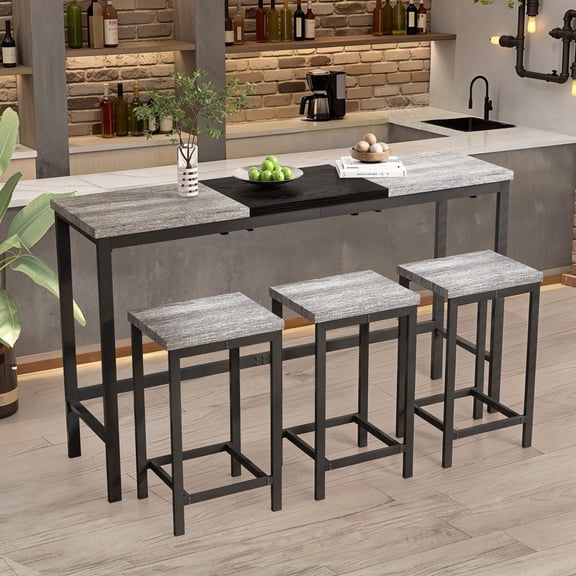 Modern Kitchen Dining Table Set with 3 Stools, 60.24" Long Pub Table Set with Hanging Stools, Industrial Counter Height Table for Dining Room, Grey Black