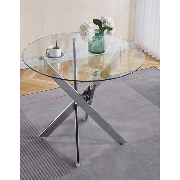 Modern Kitchen Dining Table with Cross Metal Leg & Round Glass Top,Easy Assembly