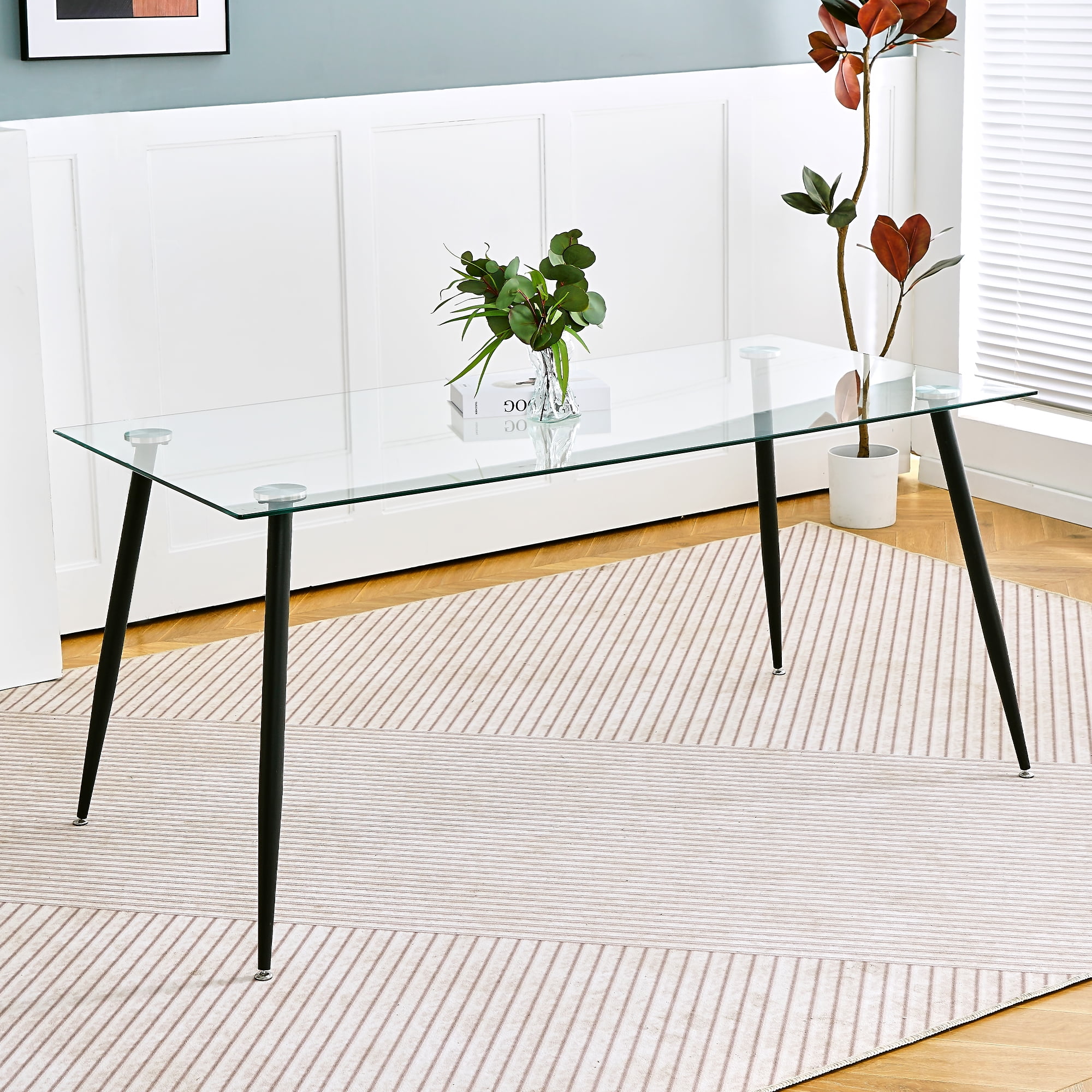 Modern Kitchen Glass dining table 63" Rectangular Tempered Glass Table top,Clear Dining Table ...