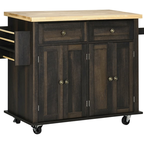 Modern Kitchen Island Cart, Brown Oak - Features 2 Easy-glide Drawers, Concealed Cabinets, Towel Bar & Adjustable Interior Shelves For Customization Cart On Wheels Space Saving With Spice Rack,