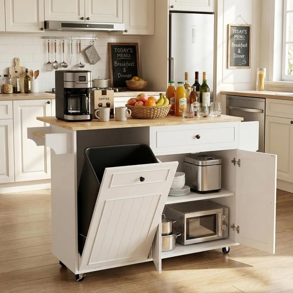 Modern Kitchen Island Cart with Power Outlet & Drop Leaf, Rolling Storage Island Table with Concealed Trash Bin Holder, Mobile Breakfast Bar with Drawer, Adjustable Shelf and Spice Rack