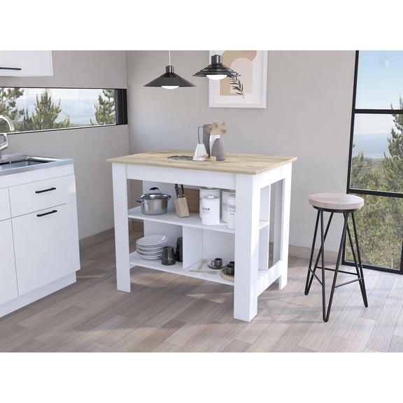 Modern Kitchen Island With Cooking Surface And Three Concealed Shelves For Pots, Pans, Utensils Engineered Wood Island, 27.51 In. Depth,