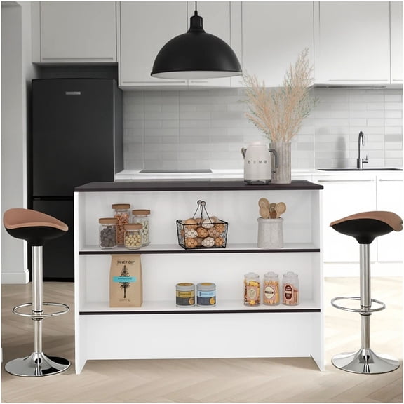 Modern Kitchen Island with Storage Cabinets, Open Shelves, and Countertop for Dining or Coffee Station