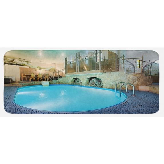Modern Kitchen Mat, Vivid Blue Swimming Pool in Spa Interior Resort Relaxation and Theraphy Theme, Plush Decorative Kitchen Mat with Non Slip Backing, 47" X 19", Blue Aqua Beige, by Ambesonne
