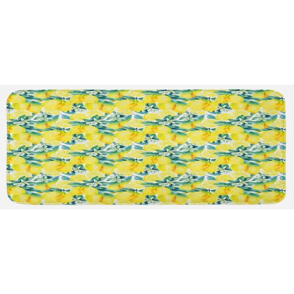 Modern Kitchen Mat, Watercolor Paintbrush Lemons with Murky Effects Image, Plush Decorative Kitchen Mat with Non Slip Backing, 47" X 19", Forest Green Yellow, by Ambesonne
