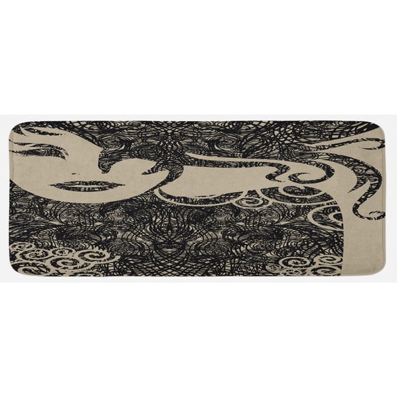 Modern Kitchen Mat, Woman with Cool Posing Wavy Hot Hair Vamp Makeup Vintage Image Print Graphic, Plush Decorative Kitchen Mat with Non Slip Backing, 47" X 19", Dark Taupe and Tan, by Ambesonne