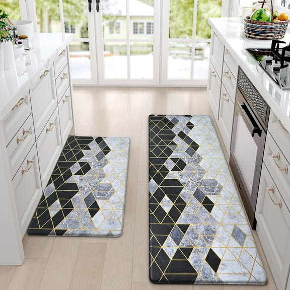 Modern Kitchen Mats for Floor 2 Piece, Cushioned Anti-Fatigue Kitchen Rugs Non Slip Memory Foam Modern Kitchen Mats Rug Waterproof PVC Comfort Mat for Office Sink 17'''' x 47'''' + 17'''' x 30''''