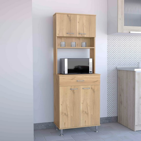 Modern Kitchen Pantry With Oak Finish, Countertop For Cooking & Microwave, Open And Closed Storage Options, Cabinet Pots Pans Space, Food Prep, Storage, Bottom Compartment