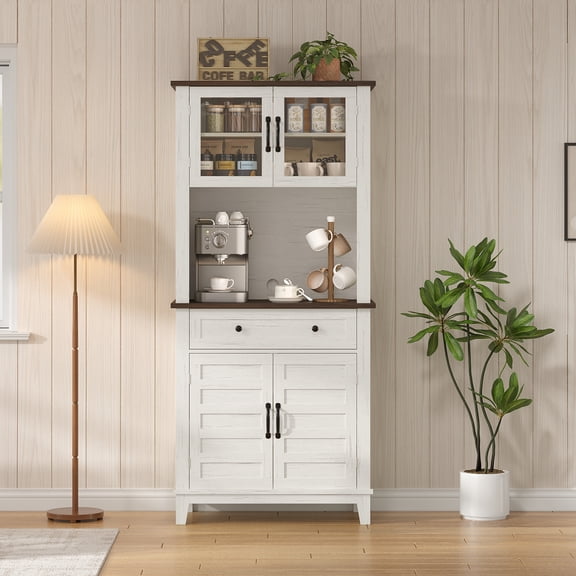 Modern Kitchen Pantry Storage Cabinet, 72" Tall Coffee Bar Cabinet with 1 Large Storage Drawer and 4 Glass Doors, Kitchen Hutch for Dining Room, Living Room, Brown and White