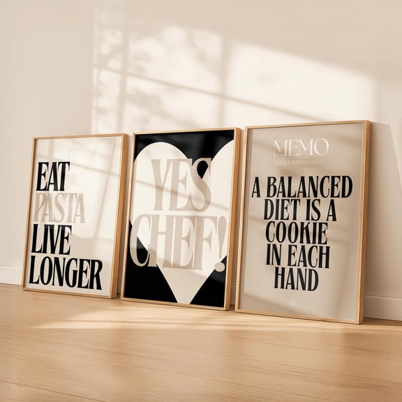 Modern Kitchen Quote Prints Neutral Black Typography Wall Art Eat Pasta Yes Chef Set 3 Unframed Paper Print 8x12