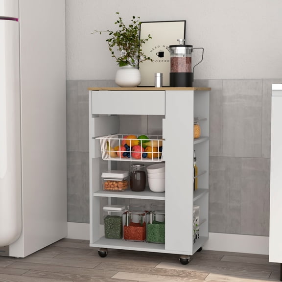 Modern Kitchen Rack - 1 Drawer, 2 Open Shelves, 4 White/ Oak Cart With Shelf Open,