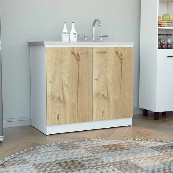 Modern Kitchen Sink Cabinet - Double Door And Shelf Stainless Steel White / Oak Simple Assembly Procedure With One Easy Look