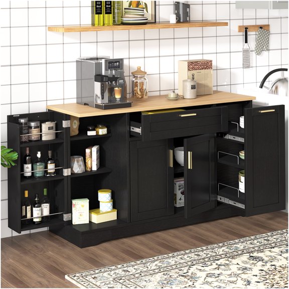 Modern Kitchen Storage Cabinet with Pull-Out Rack, Adjustable Shelves, Extendable Tabletop, Sideboard for Dining Room & Living Room, Black