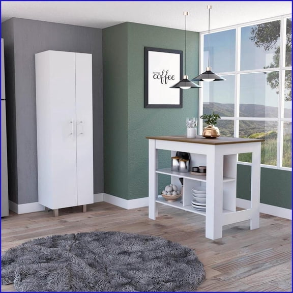 Modern Kitchen Storage Set, 2-Piece White & Walnut Brown Island + Pantry with 9 Shelves | White | MDF