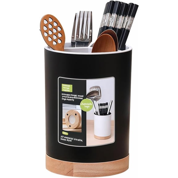 Modern Kitchen Utensil Holder with Drainage, Black and Wood Base, 3 Compartment Divided Organizer for Spoons Forks Knives, Countertop Caddy for Cooking Tools and Cutlery Storage- Non-Slip