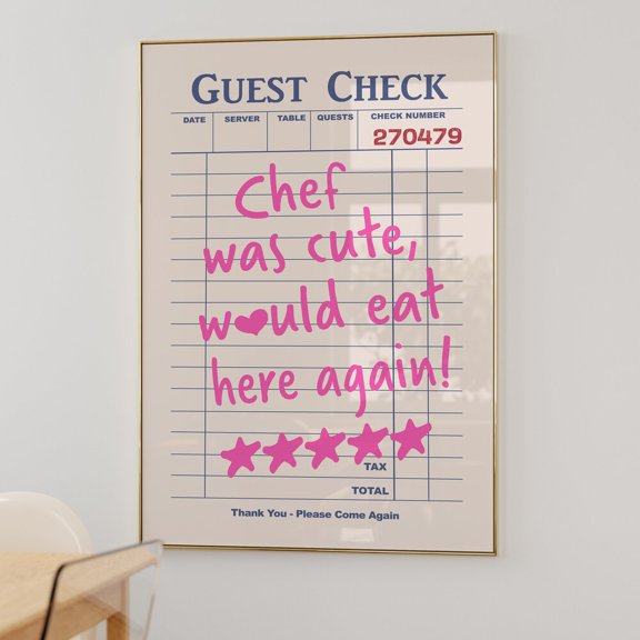 Modern Kitchen Wall Art, Guest Check Print, Trendy Wall Art, Chef Was Cute Would Eat Here Again, Dining Room Poster UNFRAMED PAPER POSTER, Home Decor, Vintage Gift, Living Room Dercor