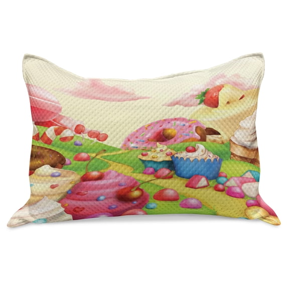 Modern Knitted Quilt Pillowcover, Yummy Donuts Land Cupcakes Ice Cream Cotton Candy Clouds Design, Standard King Size Pillow Cover for Bedroom, 36" x 20", Multicolor, by Ambesonne