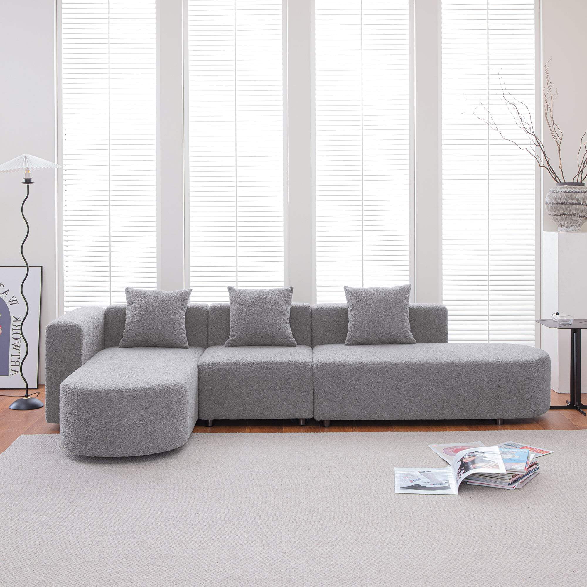 Modern L Shape Boucle Sofa With Curved Seat Facing Left Gray Modern ...