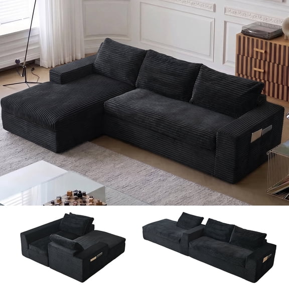 Modern L-Shape Cloud Couch, Modular Sectional 3-Seat with Oversized Chaise, Black Boneless Couch for Living Room, Memory Foam Compressed Sofa Sleeper