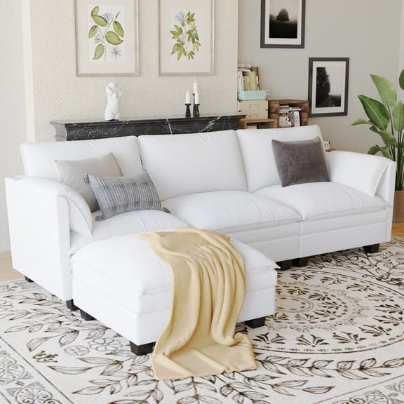 Modern L Shape Sectional Sofa, 4 Seaters Large Modular Couch with Ottoman and Storage Pockets for Living Room Office Apartment