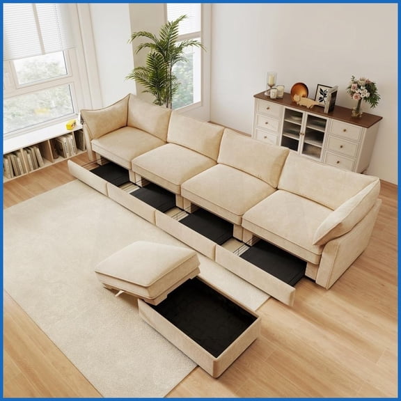 Modern L-Shaped 4-Seater Chenille Sectional Sofa with Storage Drawers & Movable Ottoman - Wheat