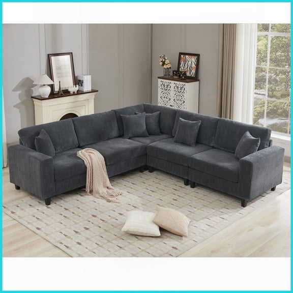 Modern L-Shaped 5-Seat Corduroy Sectional Sofa with Pillows for Living Room, Gray