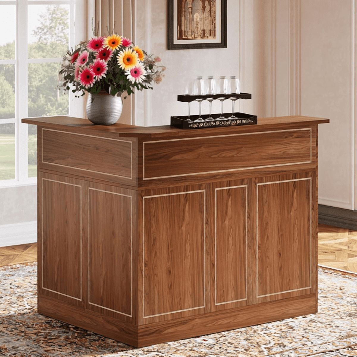 Modern L-Shaped Bar Unit, 4-Tier Shelves, 2 Stemware Racks (8 Glasses), MDF Construction, Versatile for Home Bar/Reception Desk