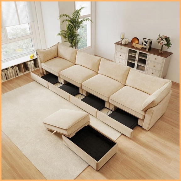 Modern L-Shaped Chenille Sectional Sofa: 4-Seat with Storage Drawers & Movable Ottoman for Living Room