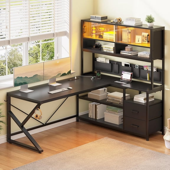 Modern L Shaped Computer Desk with 2 Drawers, Open Storage Shelves and Glass Cabinet, Corner Office Desk with LED Lights for Home Office, Living Room, Bedroom