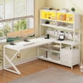 thumbnail image 1 of Modern L Shaped Computer Desk with 2 Drawers, Open Storage Shelves and Glass Cabinet, Corner Office Desk with LED Lights for Home Office, Living Room, Bedroom, 1 of 7