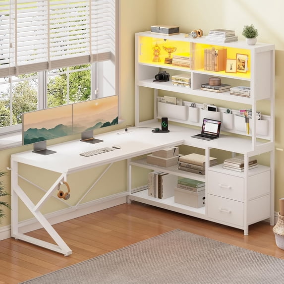 Modern L Shaped Computer Desk with 2 Drawers, Open Storage Shelves and Glass Cabinet, Corner Office Desk with LED Lights for Home Office, Living Room, Bedroom