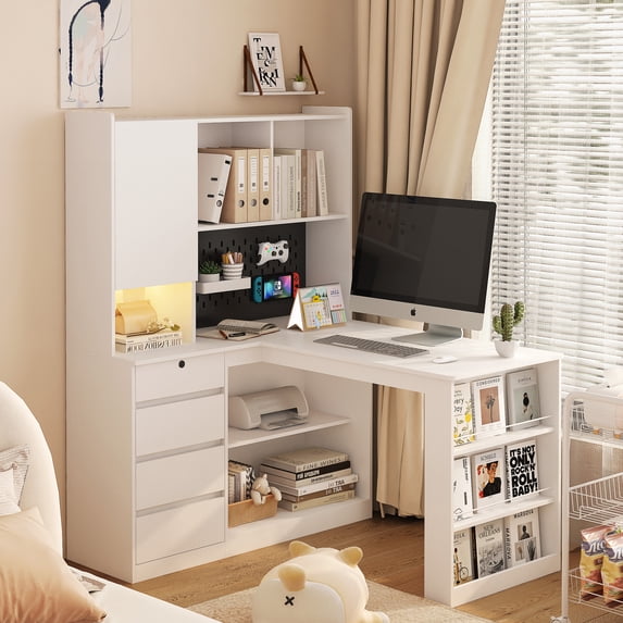 Modern L Shaped Computer Desk with Bookshelf and Hutch, Home Office Corner Study Desk Writing Table with Storage Drawers and LED Light
