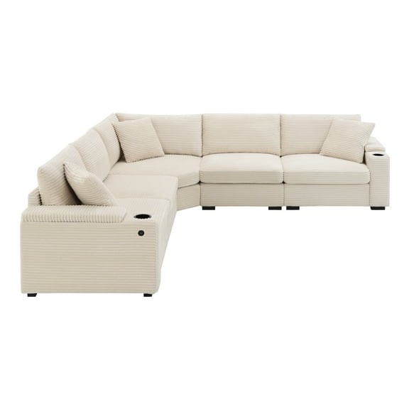 Modern L Shaped Convertible Sectional Sofa, Corduroy Upholstered Modular Couch With Cup Holders USB Charger and Storage Armrest For Living Room Office Apartment