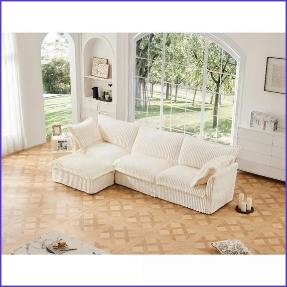 Modern L-Shaped Corduroy Sectional Sofa | 3-Seat | Beige | Cushion Back | Flared Arms | Living Room | Comfy Deep Seat with Pillows