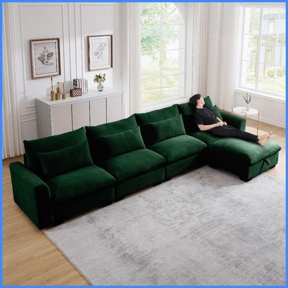 Modern L-Shaped Corduroy Sectional Sofa | Deep Seat with Storage Footstool & 4 Waist Pillows – Green for Living Rooms