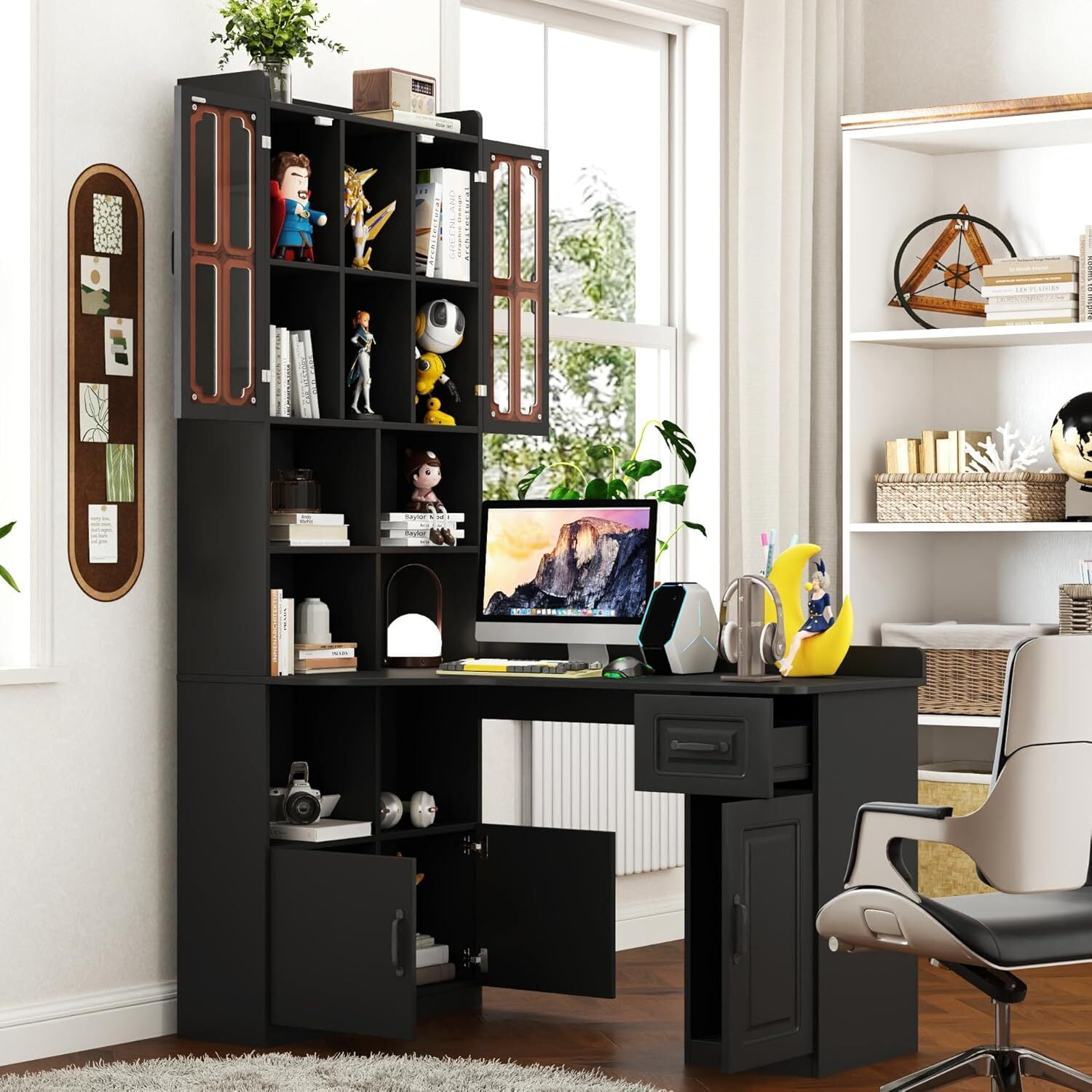 Modern L-Shaped Desk with Hutch & Bookshelf, Corner Home Office Desk with Drawers, 2-in-1 Design for Study, Executive Desk with Large Work Space, Ideal for Home Office & Study Room, Black