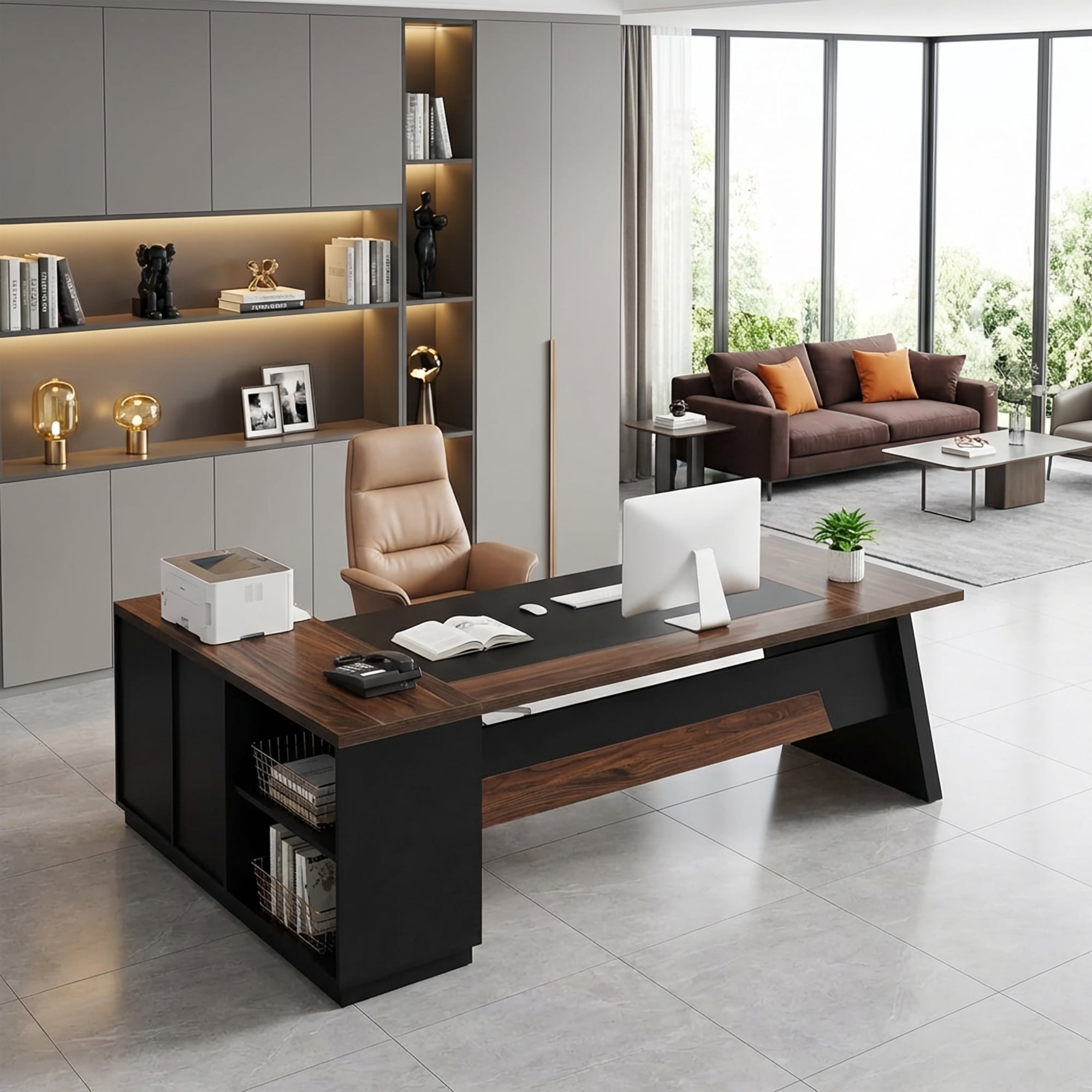 Modern L-Shaped Executive Desk 78-Inch Large Office Desk with Lateral File Cabinet and Storage Shelves Home Office Workstation Walnut Black