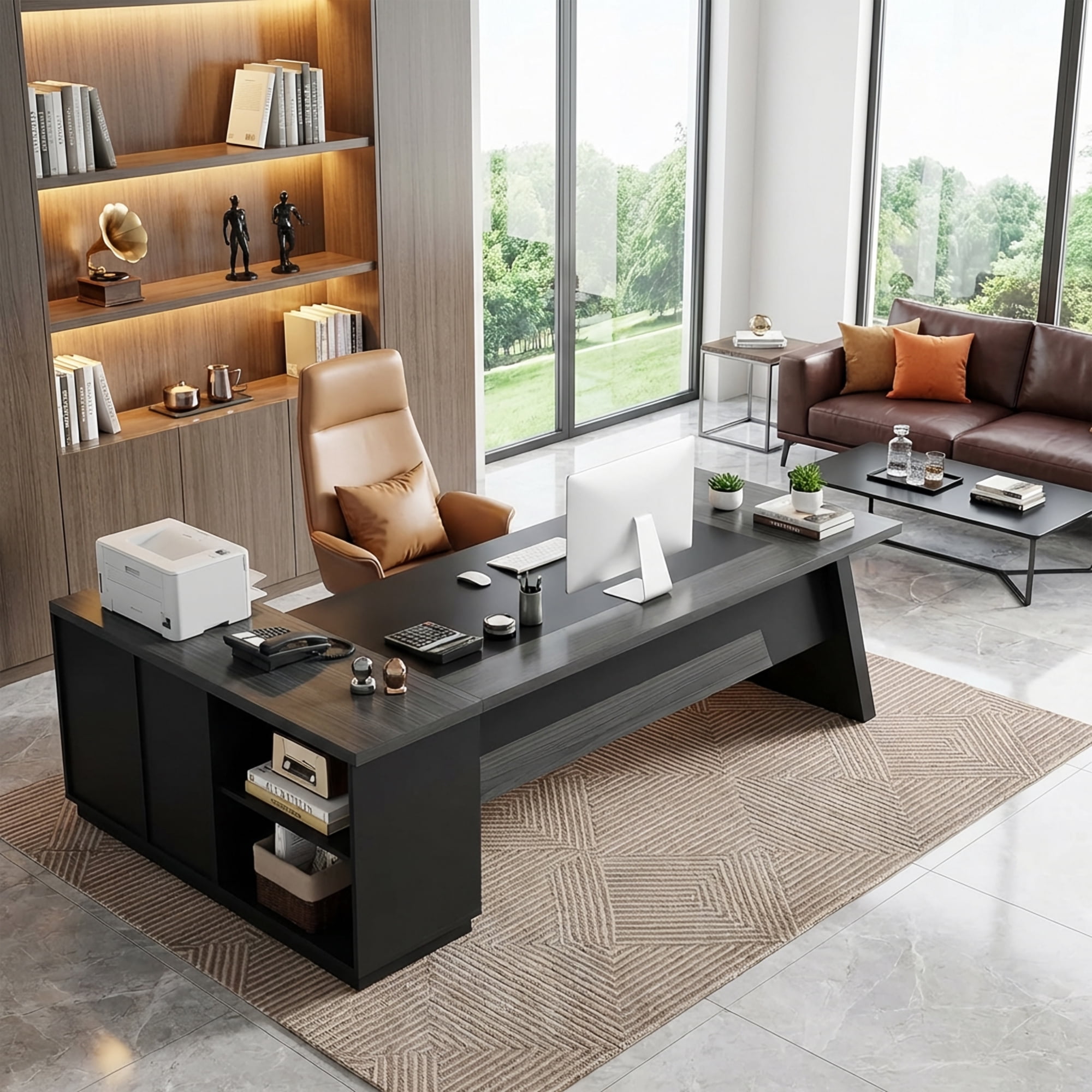 Modern L-Shaped Executive Desk 78-Inch Large Office Desk with Lateral File Cabinet and Storage Shelves Home Office Workstation Walnut Black