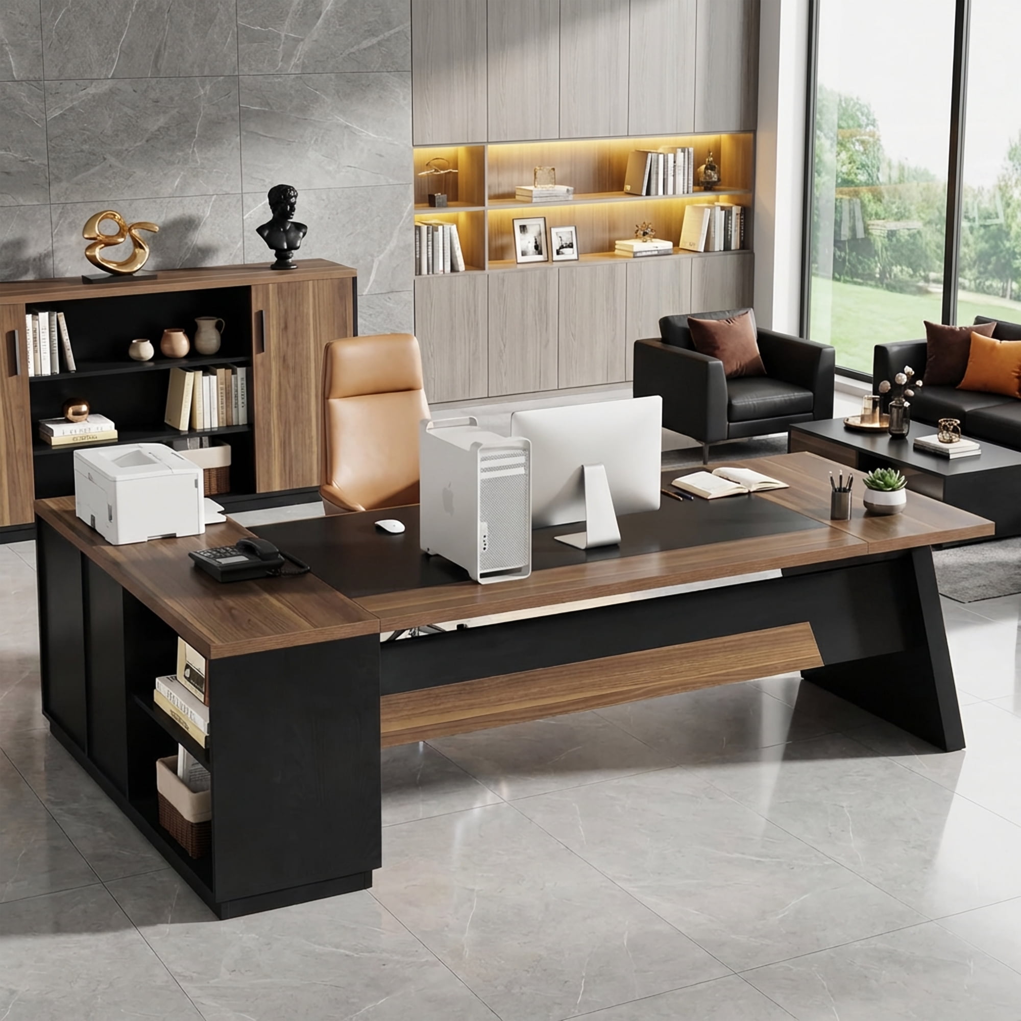 Modern L-Shaped Executive Desk 78-Inch Large Office Desk with Lateral File Cabinet and Storage Shelves Home Office Workstation Walnut Black
