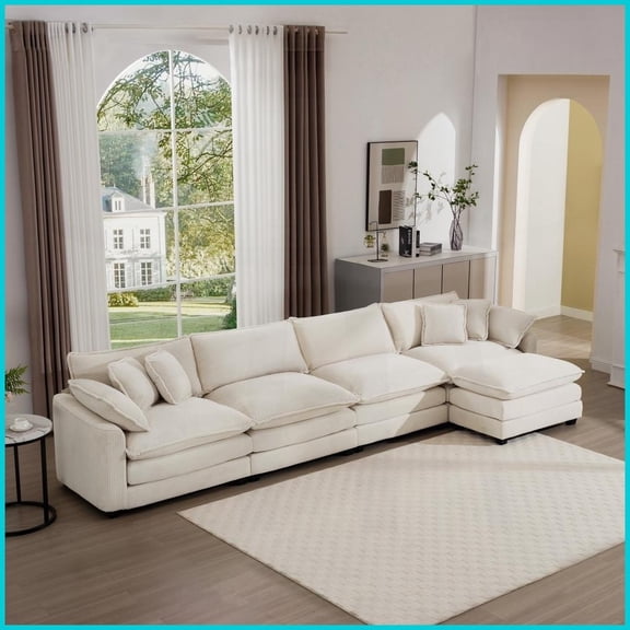 Modern L-Shaped Modular 4-Seater Sectional Sofa with Ottoman - Light Beige Corduroy, Comfortable for Living Room