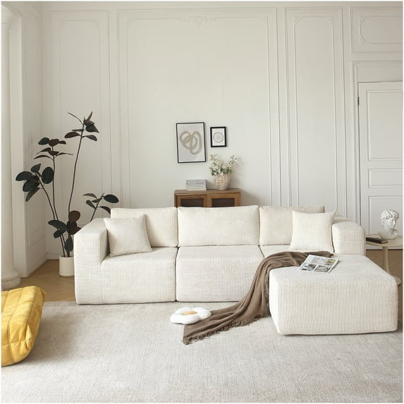 Modern L-Shaped Modular Sectional Sofa 3-Seater with Chaise, Beige Fabric Couch No Assembly