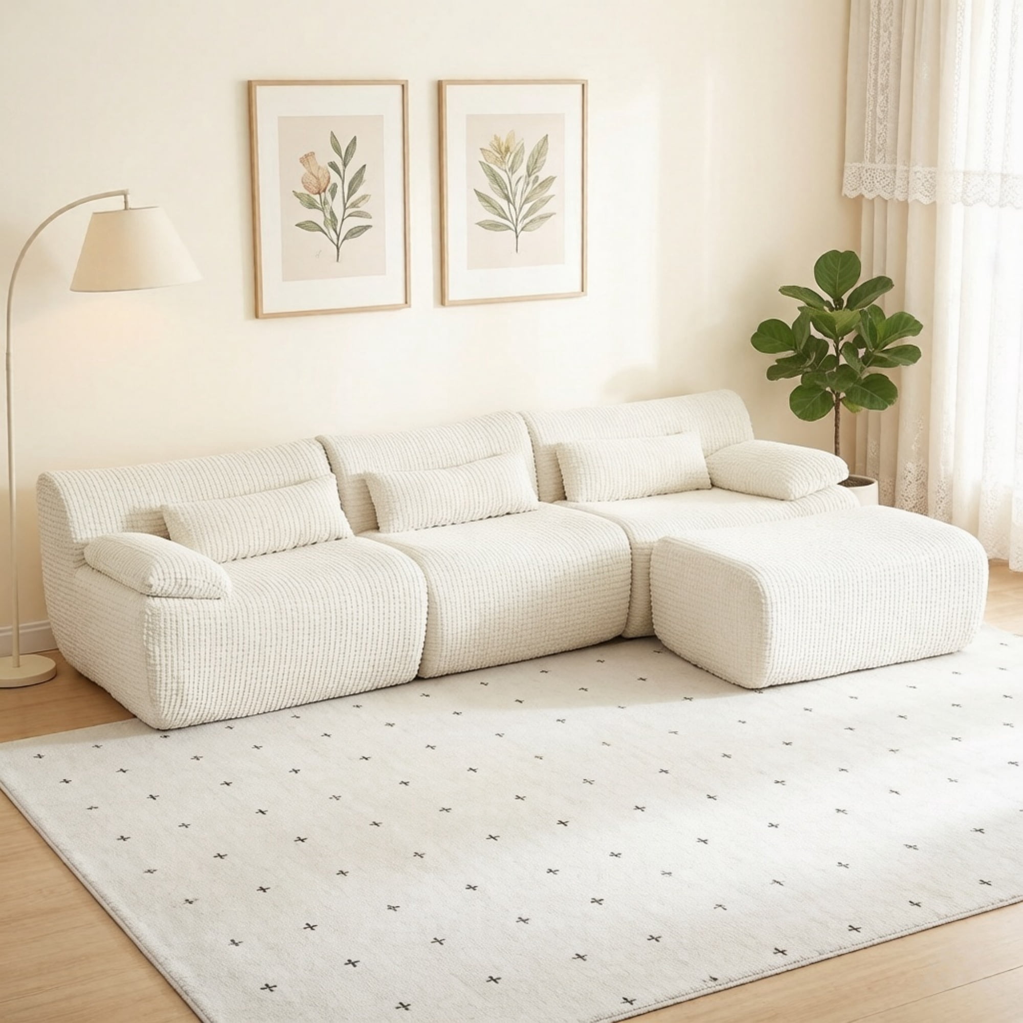 Modern L-Shaped No Assembly Floor 3-Seater Sectional Sofa, Cloud-Like Boneless Upholstered Couch with Ottoman, Living Room Modular Sofa Set