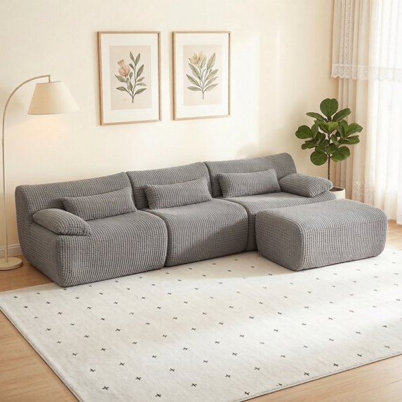 Modern L-Shaped No Assembly Floor 3-Seater Sectional Sofa, Cloud-Like Boneless Upholstered Couch with Ottoman, Living Room Modular Sofa Set