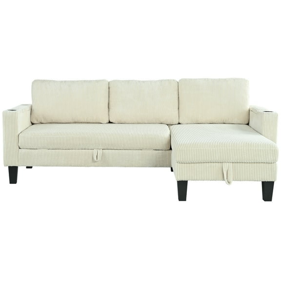 Modern L Shaped Pull Out Sectional Sofa Bed, Corduroy Upholstered Sleeper Couch With Cup Holder, USB Ports and Storage For Living Room Office Apartment