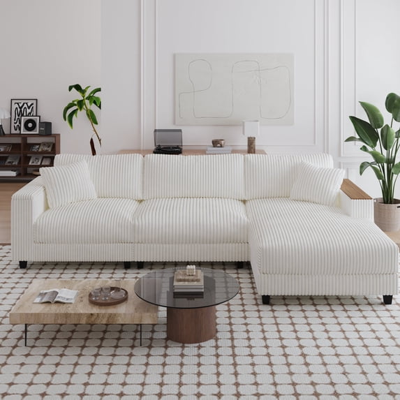 Modern L-Shaped Sectional Couch with Reversible Chaise Lounge, 3 Seaters Corduroy Upholstered Modular Sofa with Storage Armrest and Toss Pillows, for Living Room Apartment Office